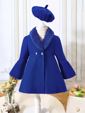 Girls Elegant Winter Coat with Faux Fur Collar and Beret Set