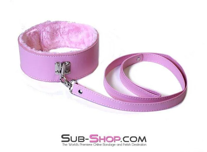 0536LT      Pink Furry Bondage Slave Collar & Leash Set