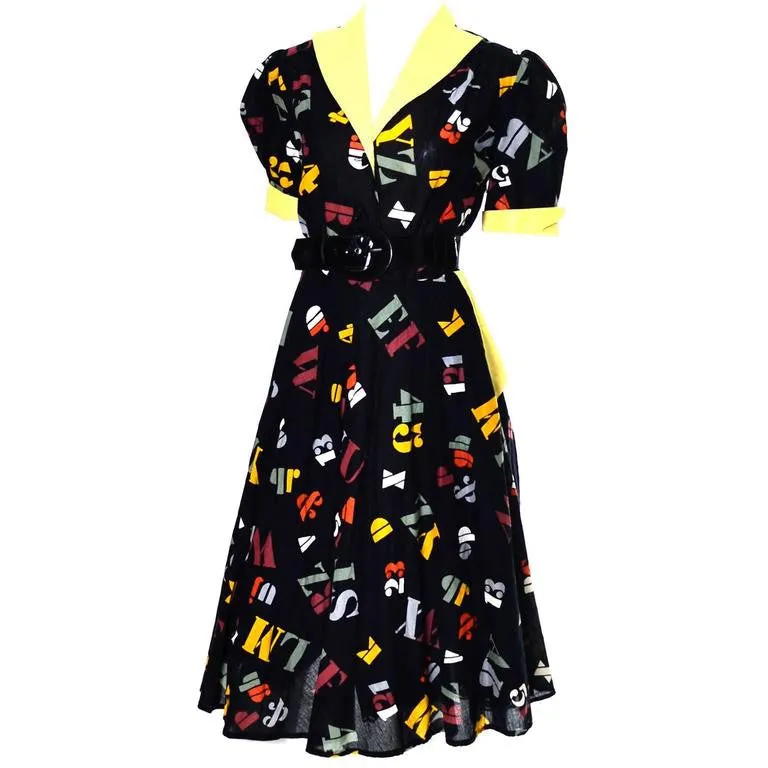 1950s German Vintage Dress ABC's Novelty Print Back to School Alphabet 12/14