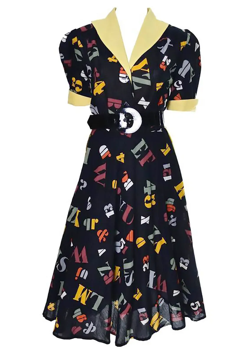 1950s German Vintage Dress ABC's Novelty Print Back to School Alphabet 12/14