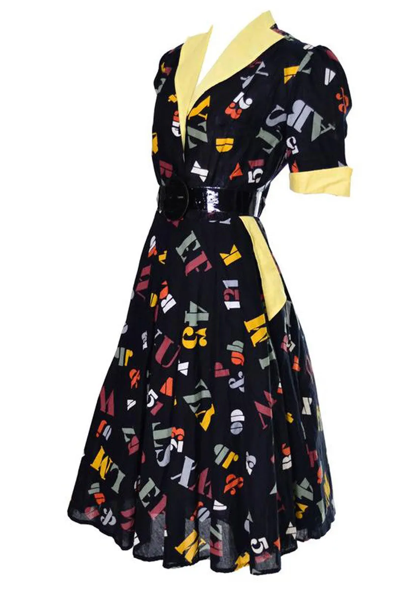 1950s German Vintage Dress ABC's Novelty Print Back to School Alphabet 12/14