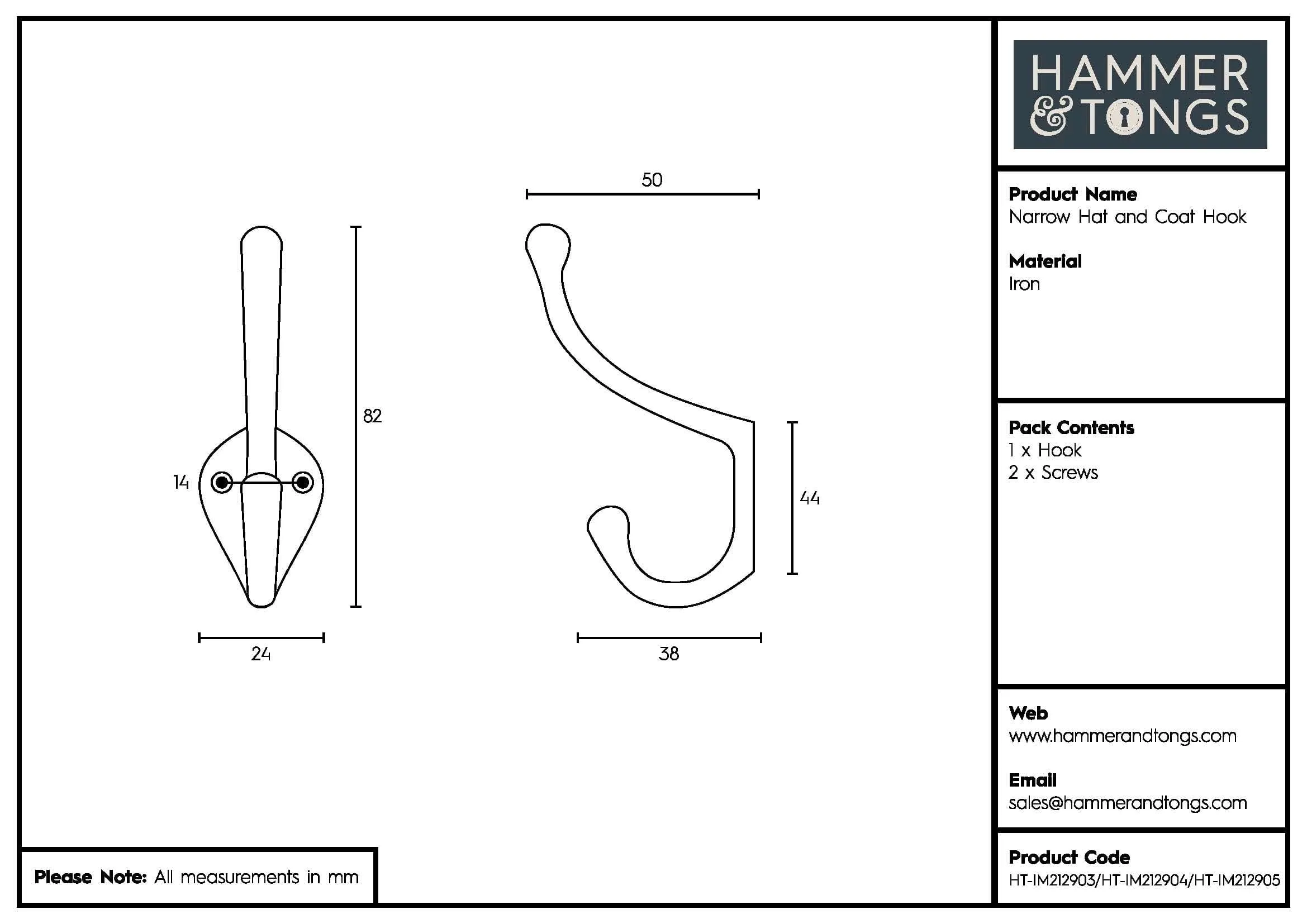 25mm x 80mm Narrow Hat & Coat Hook - By Hammer & Tongs