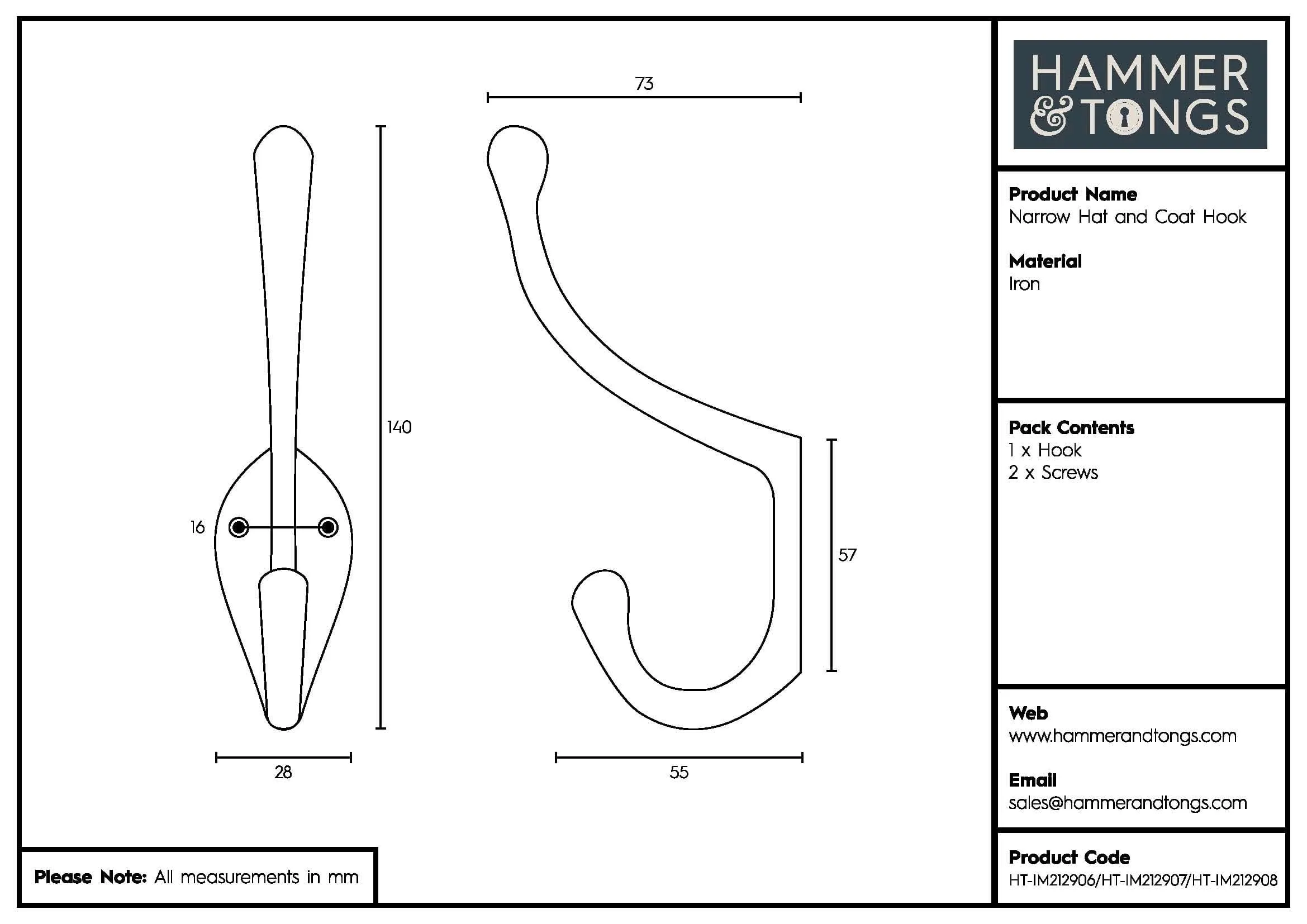 30mm x 140mm Narrow Hat & Coat Hook - By Hammer & Tongs