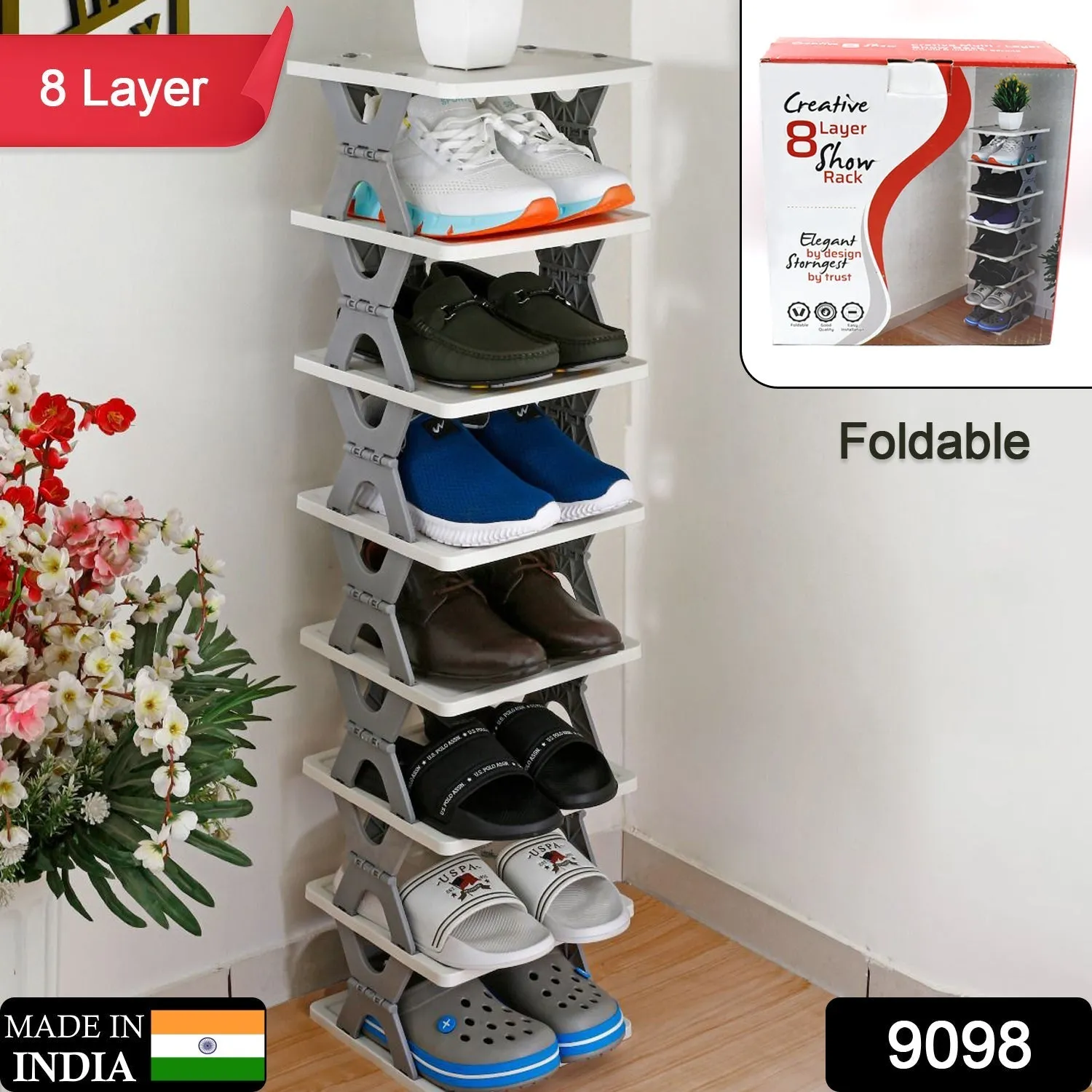 9098  SMART SHOE RACK WITH 8 LAYER SHOES STAND MULTIFUNCTIONAL ENTRYWAY FOLDABLE & COLLAPSIBLE DOOR SHOE RACK FREE STANDING HEAVY DUTY PLASTIC SHOE SHELF STORAGE ORGANIZER NARROW FOOTWEAR HOME