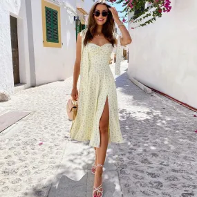 Adorable Daisy Printed High Slit A-Line Slip Midi Sundress - Yellow