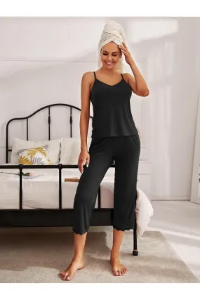 Alex V-Neck Lace Trim Slit Cami and Pants Pajama Set