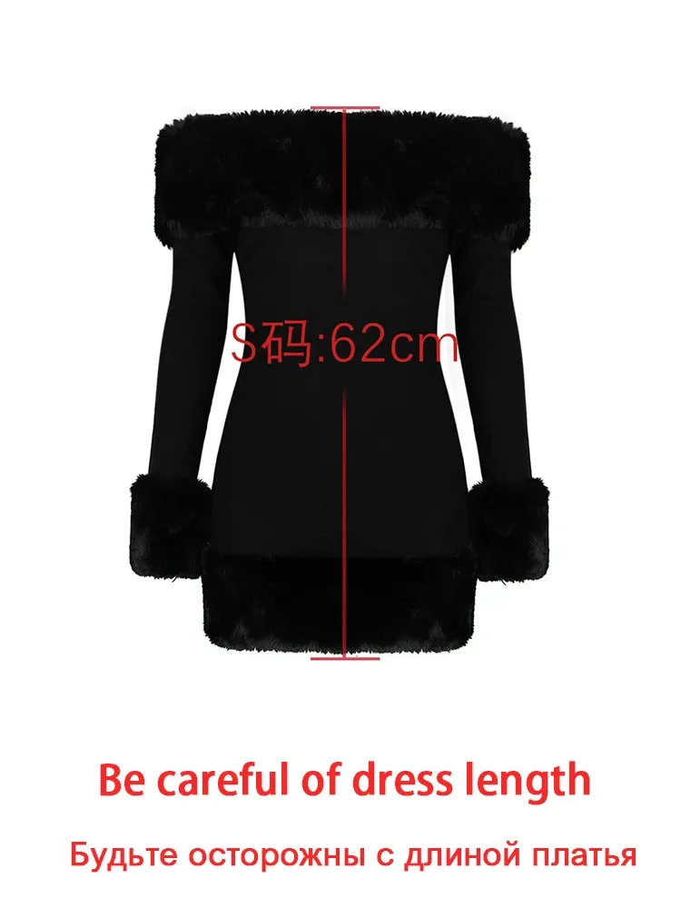 Amozae-hoco dresses Faux Fur Elegant Party Dresses for Women 2024 Black Off The Shoulder Formal Occasion Dresses Mini New in Winter Women Clothing