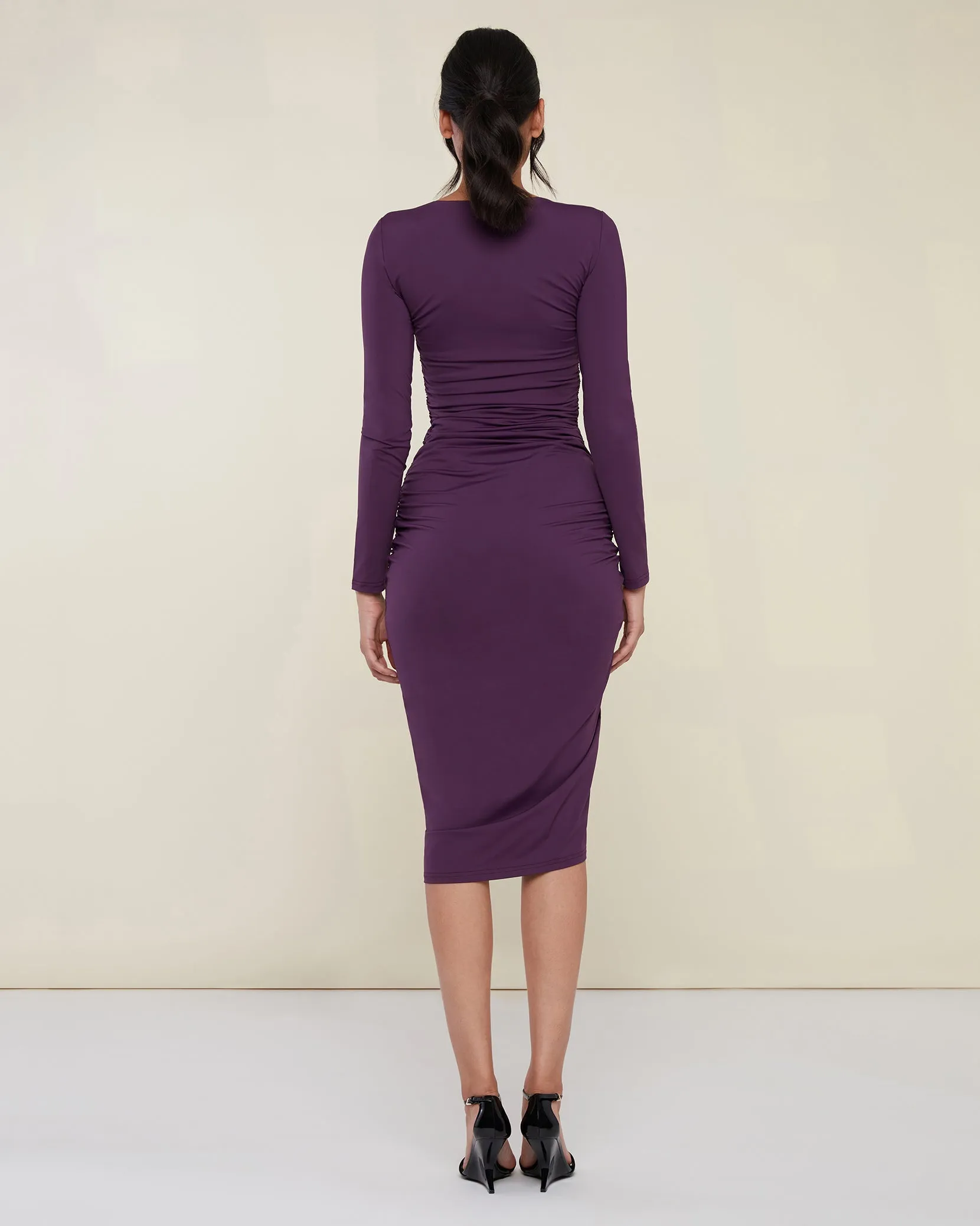 Asymmetrical Shirred Jersey Midi Dress