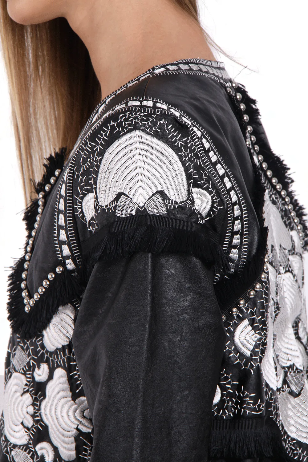 Black and White Embellished Faux Leather Jacket