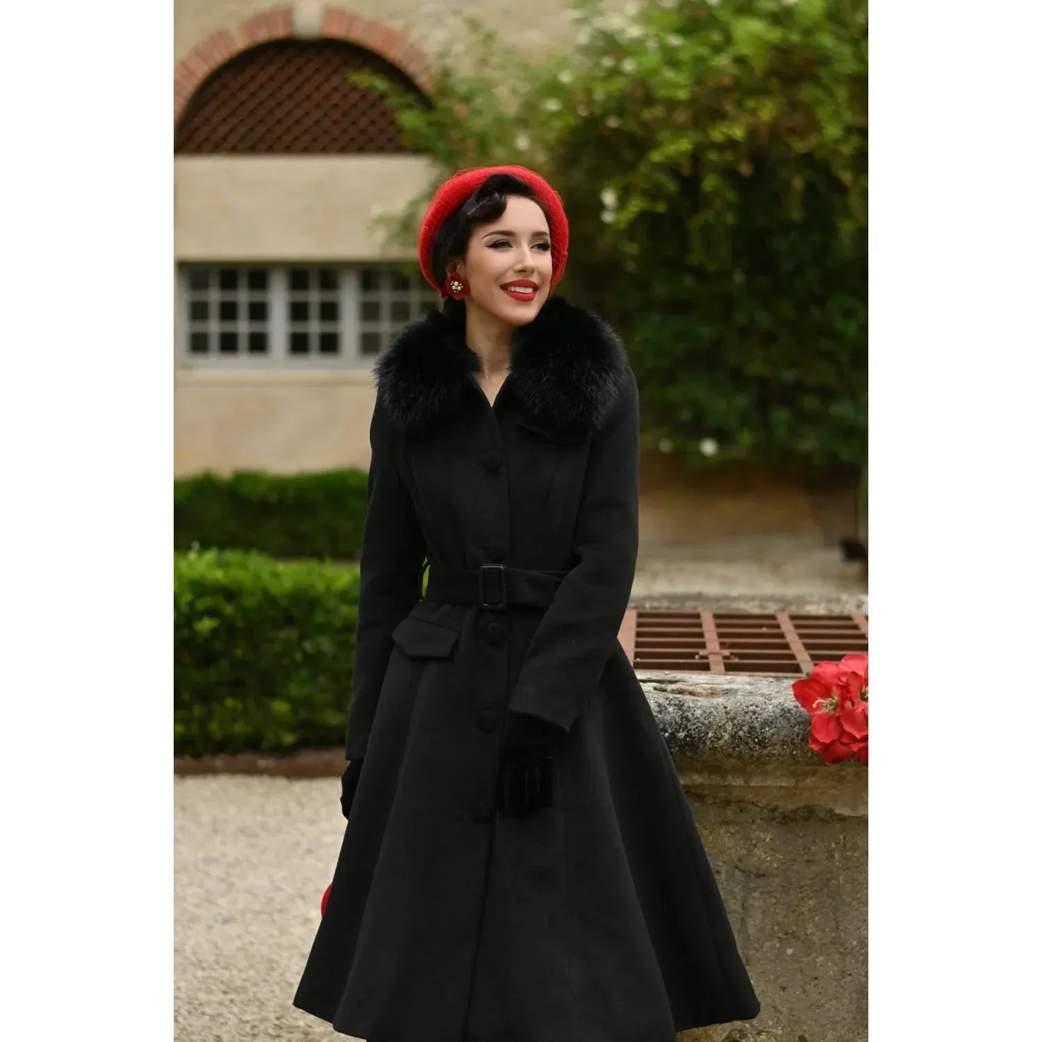 Black Faux Fur Collar Vintage Swing Coat