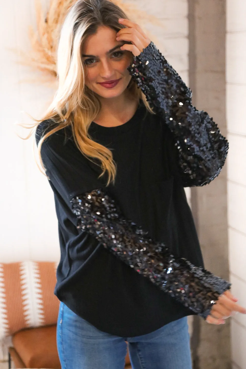 Black Hacci Ribbed Sequin Front Pocket Sweater