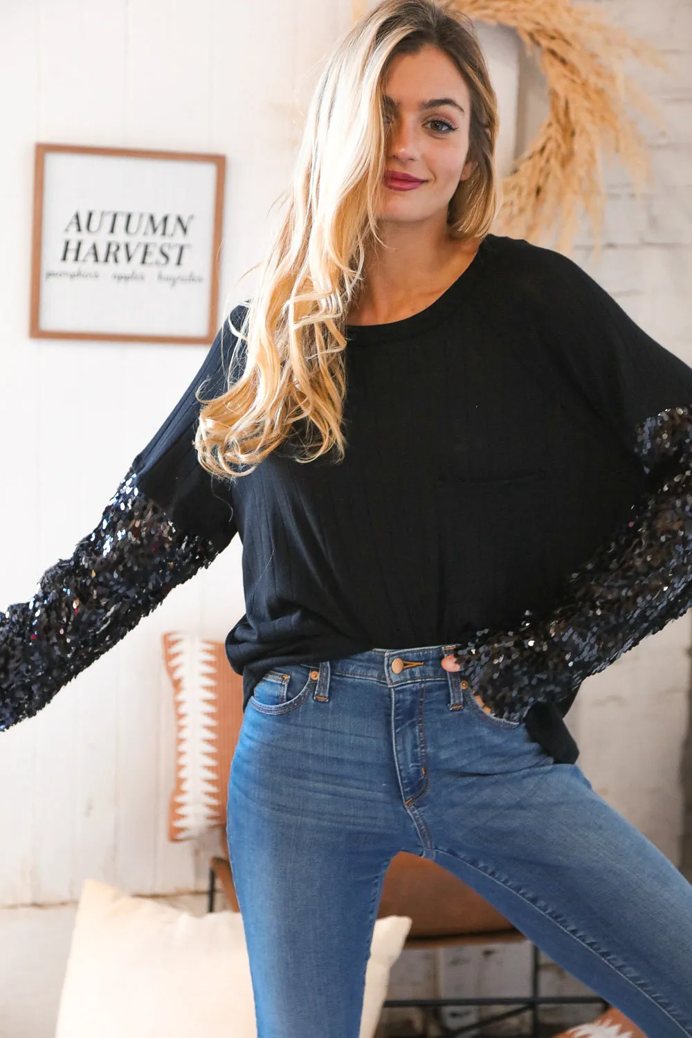 Black Hacci Ribbed Sequin Front Pocket Sweater