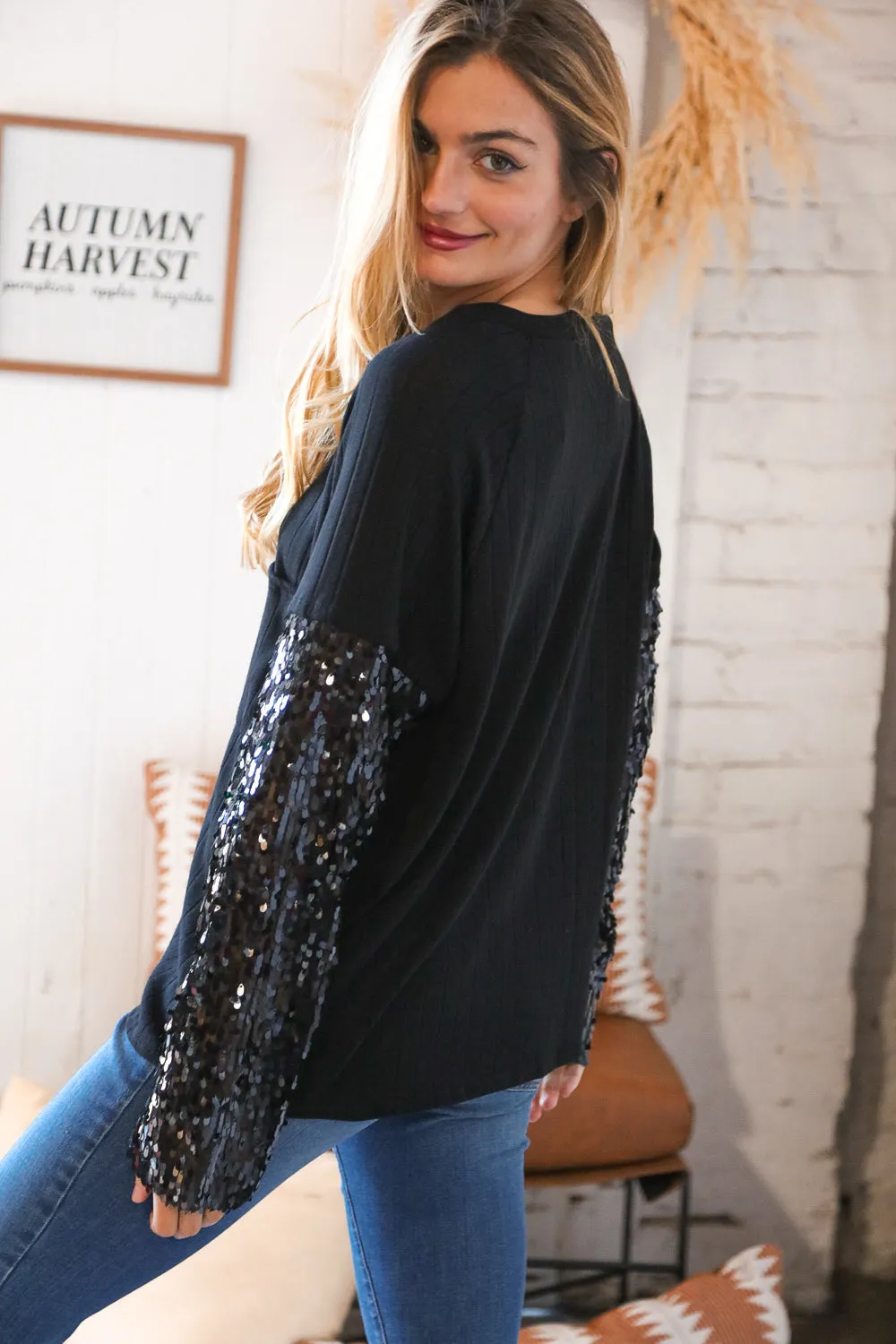 Black Hacci Ribbed Sequin Front Pocket Sweater