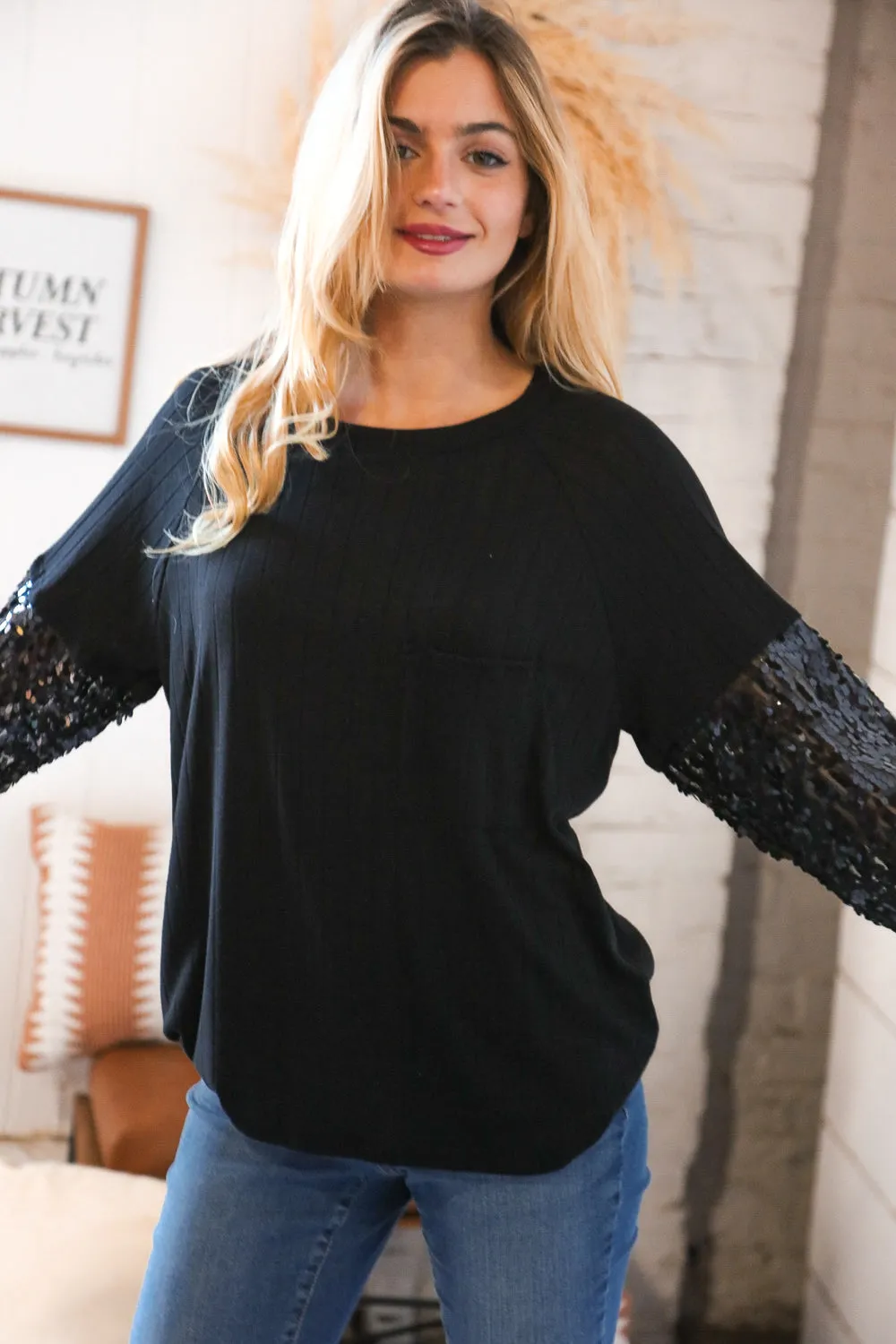 Black Hacci Ribbed Sequin Front Pocket Sweater