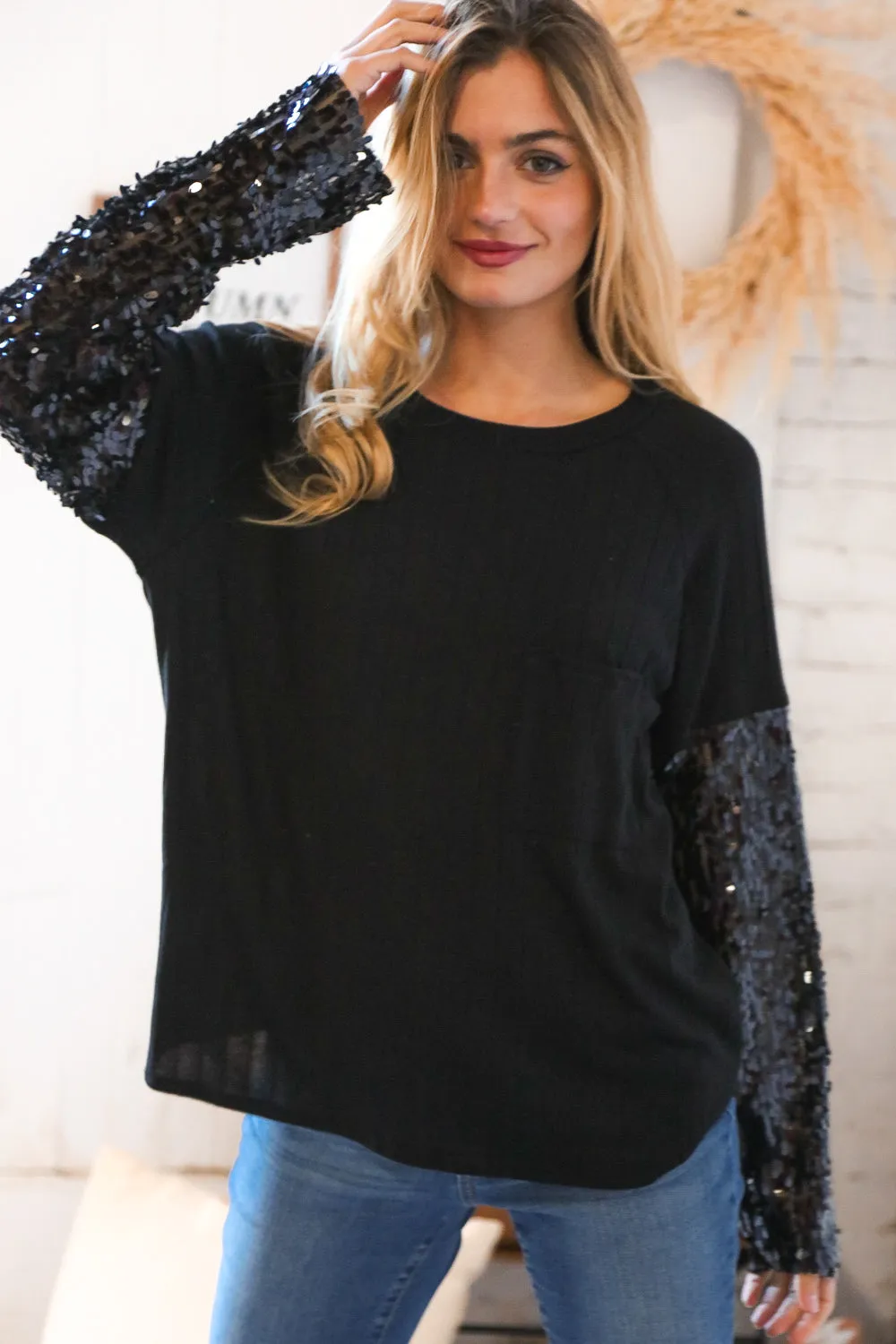 Black Hacci Ribbed Sequin Front Pocket Sweater