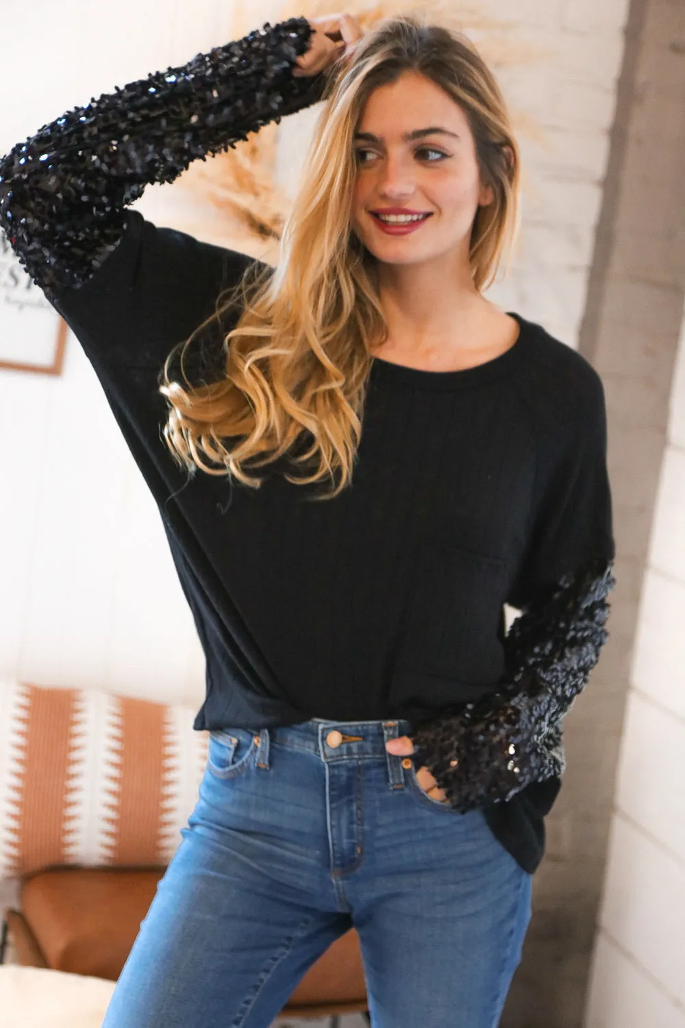 Black Hacci Ribbed Sequin Front Pocket Sweater