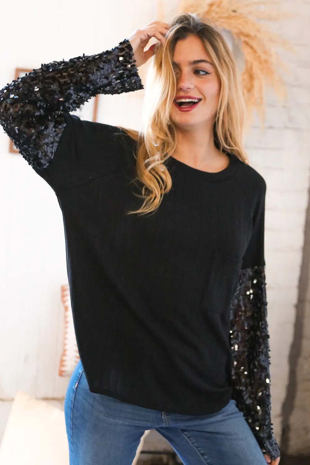 Black Hacci Ribbed Sequin Front Pocket Sweater