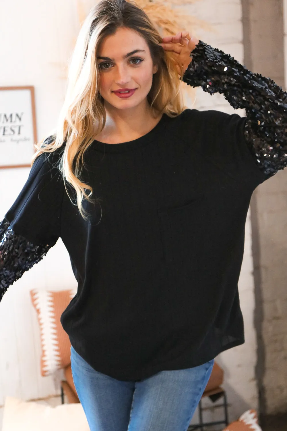 Black Hacci Ribbed Sequin Front Pocket Sweater