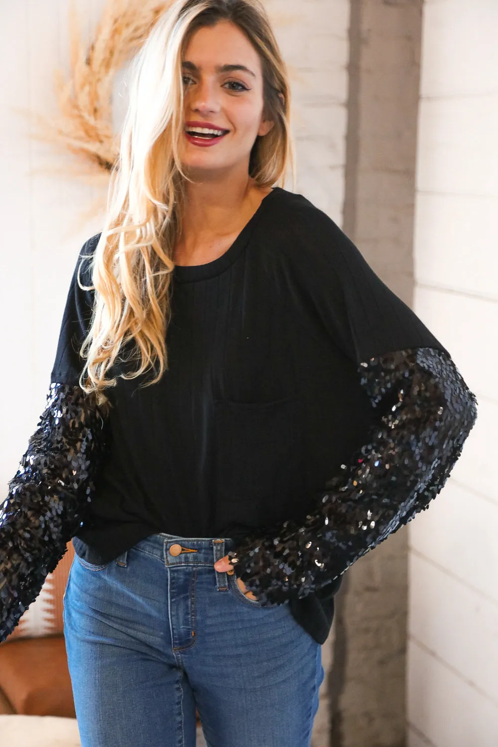 Black Hacci Ribbed Sequin Front Pocket Sweater