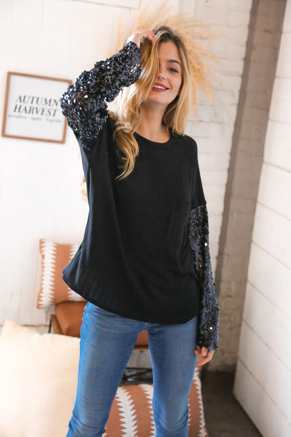 Black Hacci Ribbed Sequin Front Pocket Sweater