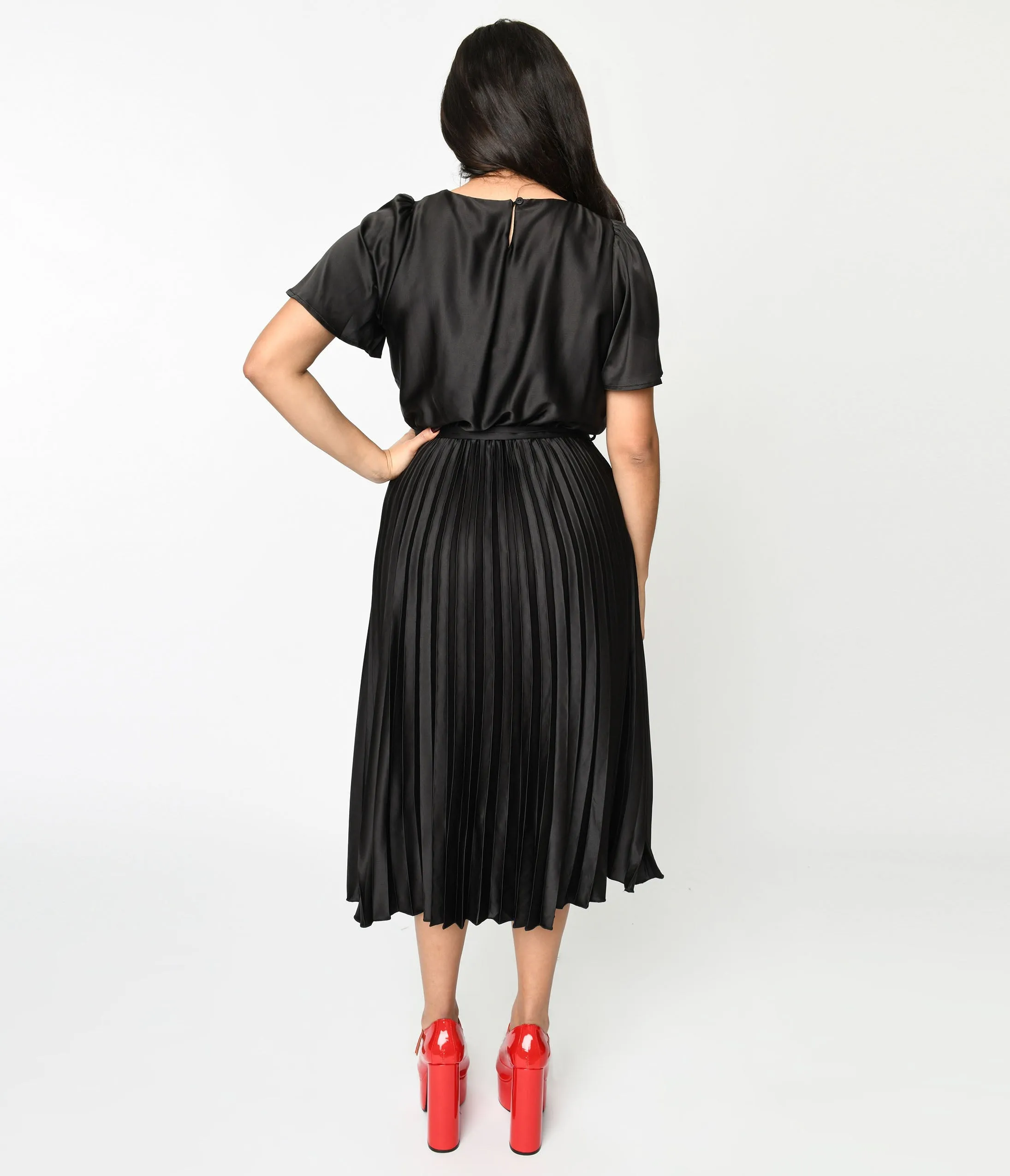 Black Satin Pleated Midi Dress