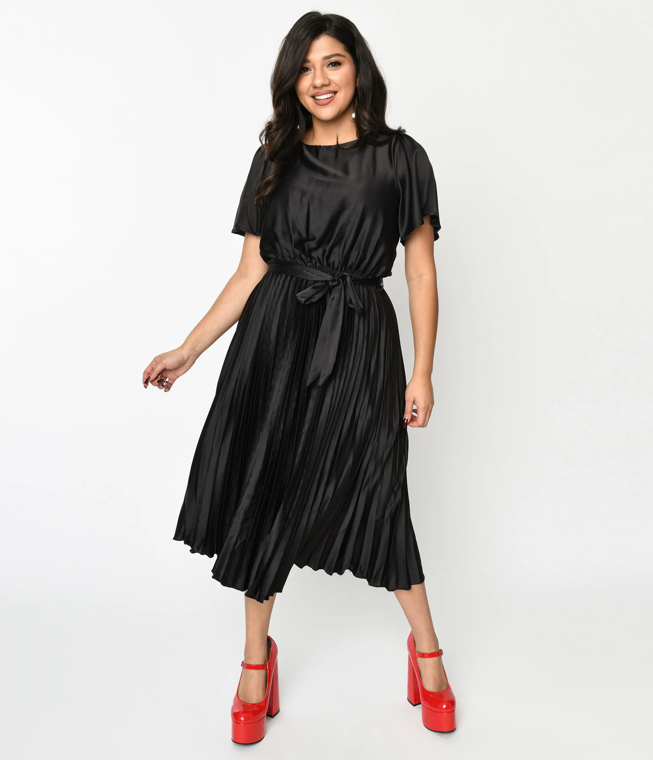 Black Satin Pleated Midi Dress