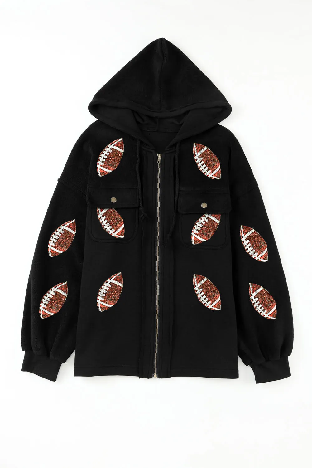 Black Sequined Rugby Football Pattern Pocketed Zipper Hooded Jacket