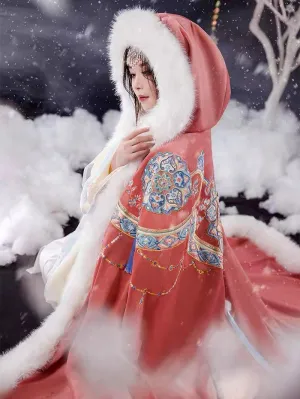 Bluedail Dunhuang Caisson Pattern Embroidery Fall and Winter Long Fleece Hooded Warm Cloak with Artificial Large Fur Collar