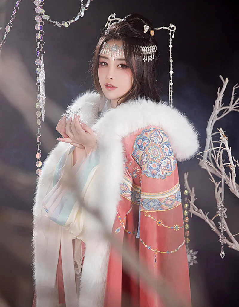 Bluedail Dunhuang Caisson Pattern Embroidery Fall and Winter Long Fleece Hooded Warm Cloak with Artificial Large Fur Collar