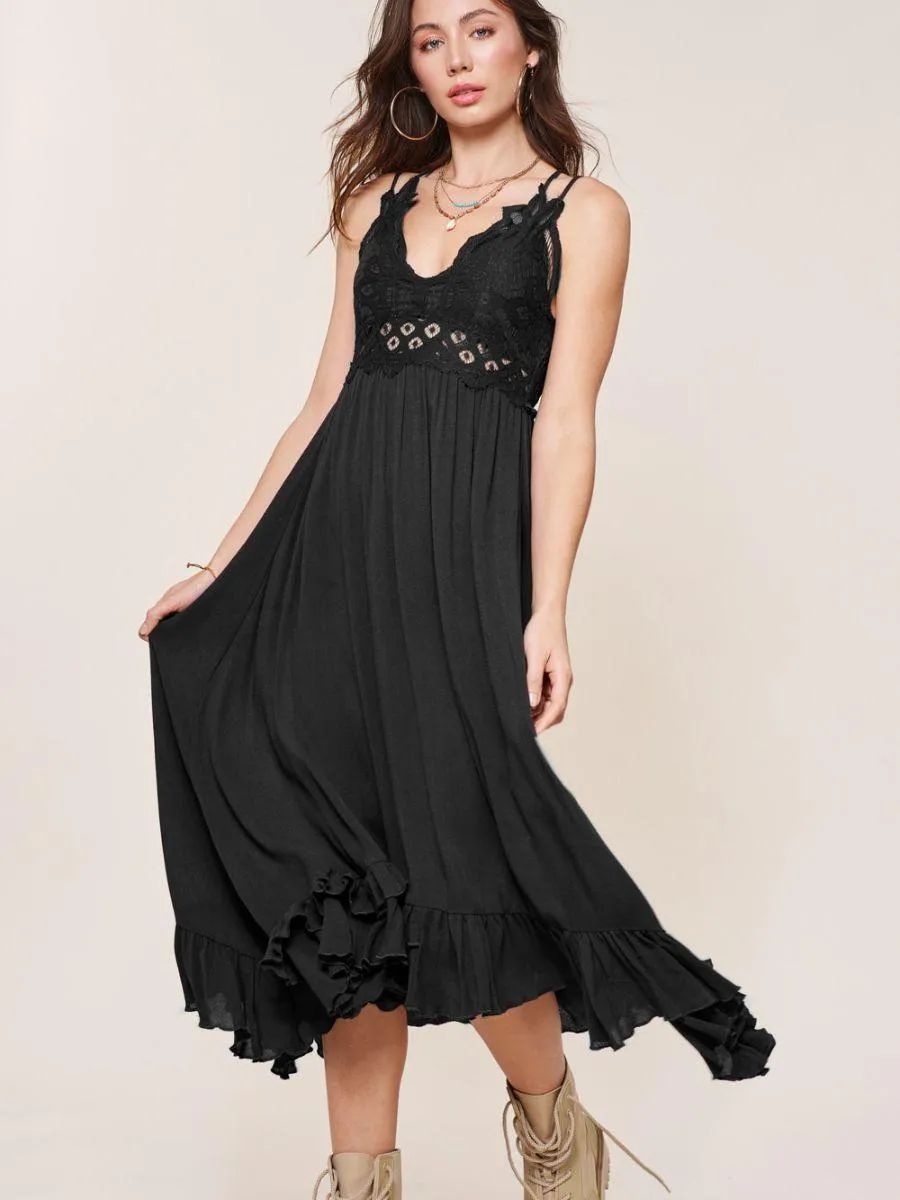 Boho High-Low Slip Dress with Crochet Lace Trim