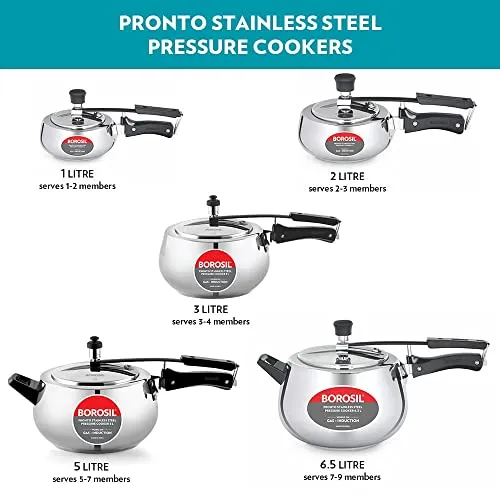 Borosil Pronto Induction Base Inner Lid Stainless Steel Pressure Cooker, 6.8 mm Thick Base, 1 L