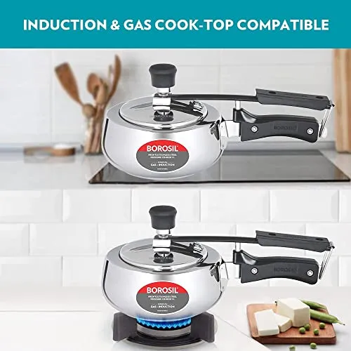 Borosil Pronto Induction Base Inner Lid Stainless Steel Pressure Cooker, 6.8 mm Thick Base, 1 L