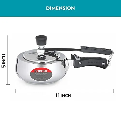 Borosil Pronto Induction Base Inner Lid Stainless Steel Pressure Cooker, 6.8 mm Thick Base, 1 L