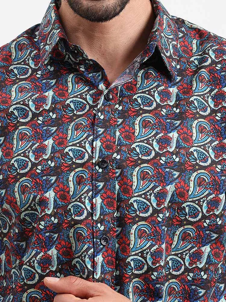 Brown Paisley Printed Cotton Half Sleeve Shirt