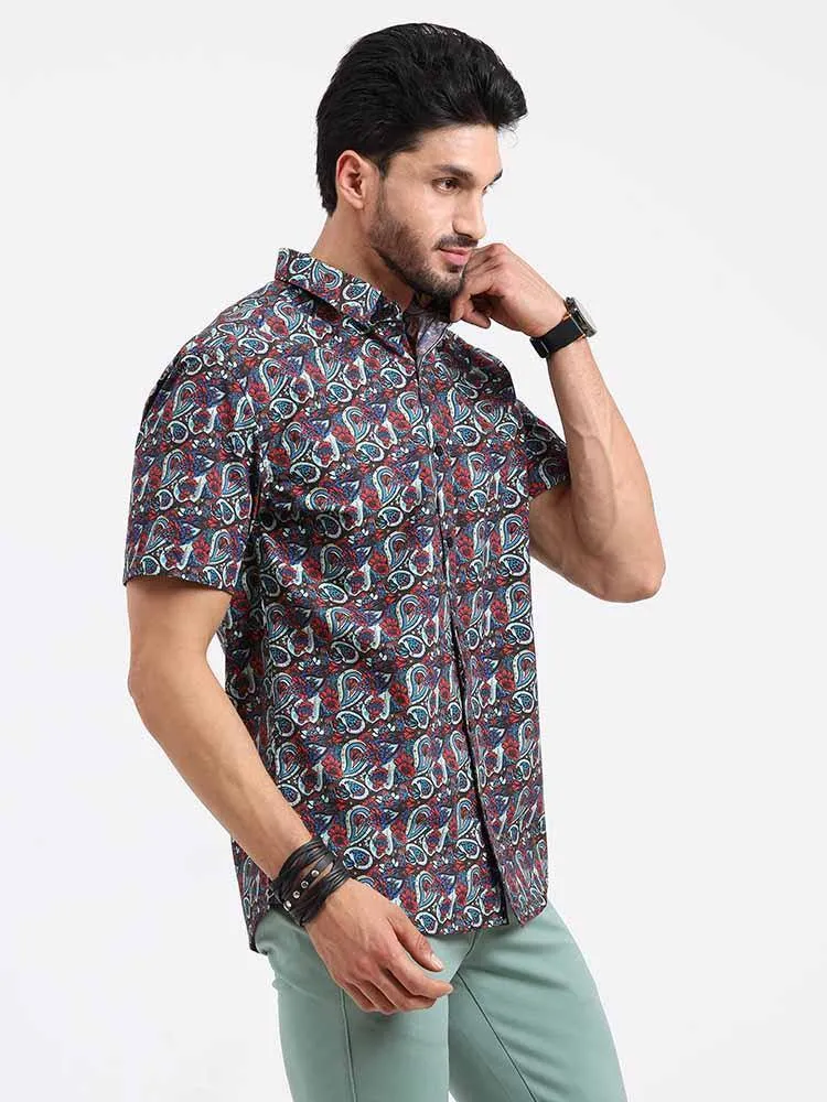 Brown Paisley Printed Cotton Half Sleeve Shirt