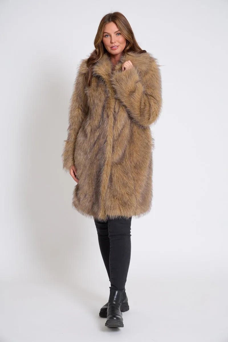 BROWN TIPPED FAUX FUR LONG JACKET