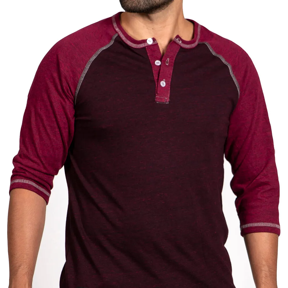 Burgundy & Cranberry Contrast 3/4 Raglan Sleeve Henley - Made In USA