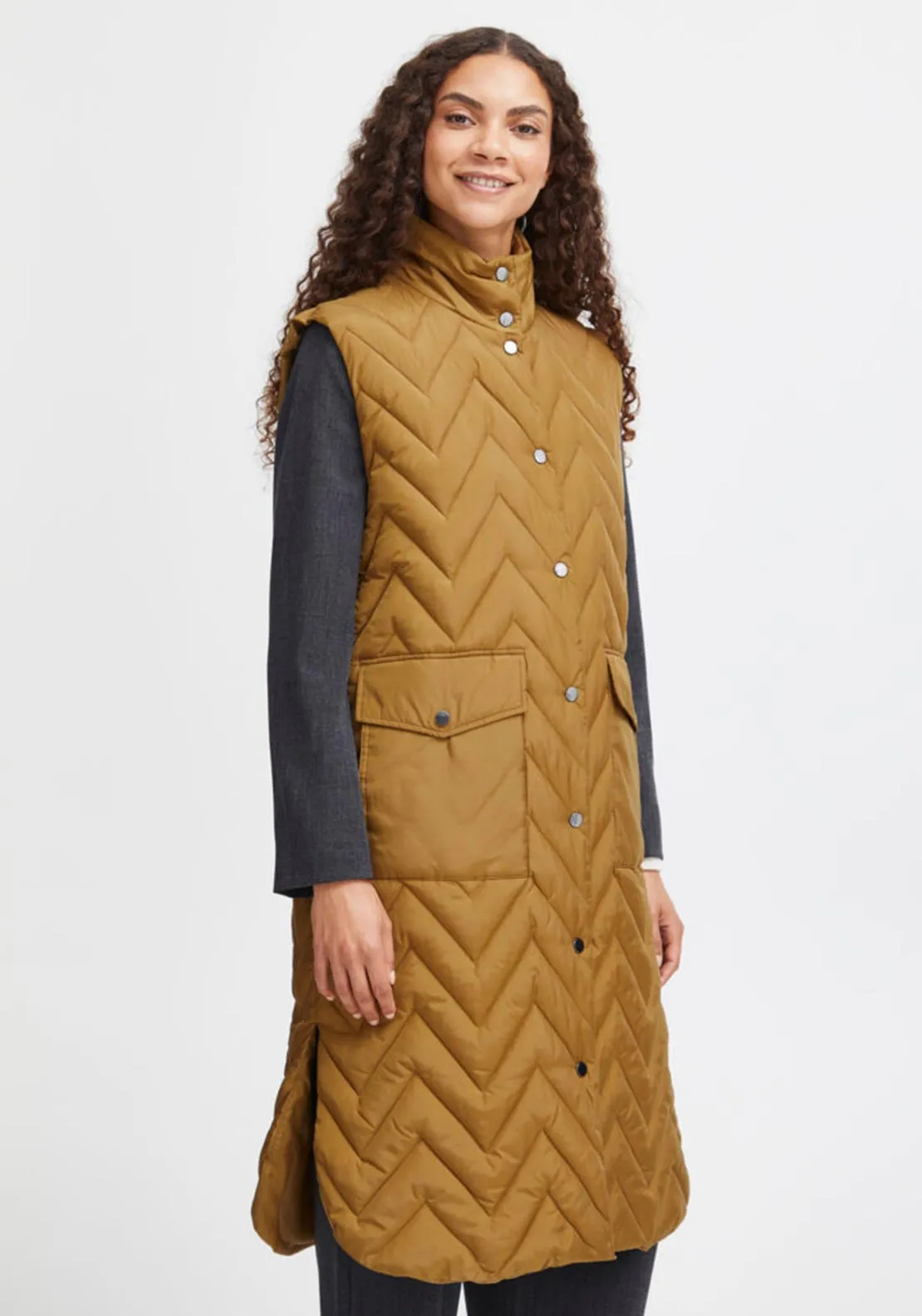 B.Young Amaxa Chevron Padded Long Gilet, Mustard