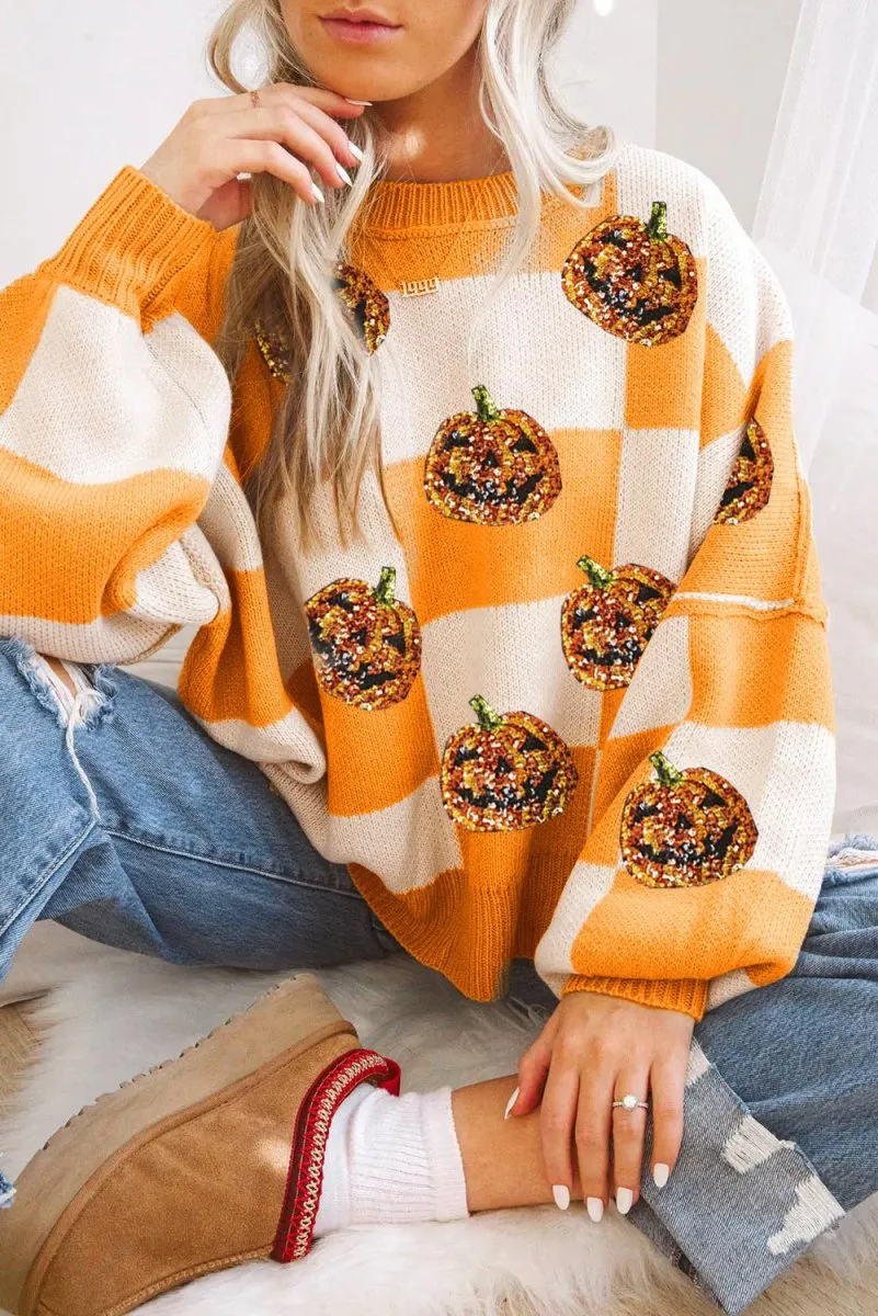 Checkered Orange Plaid Sequined Halloween Pumpkins Sweater