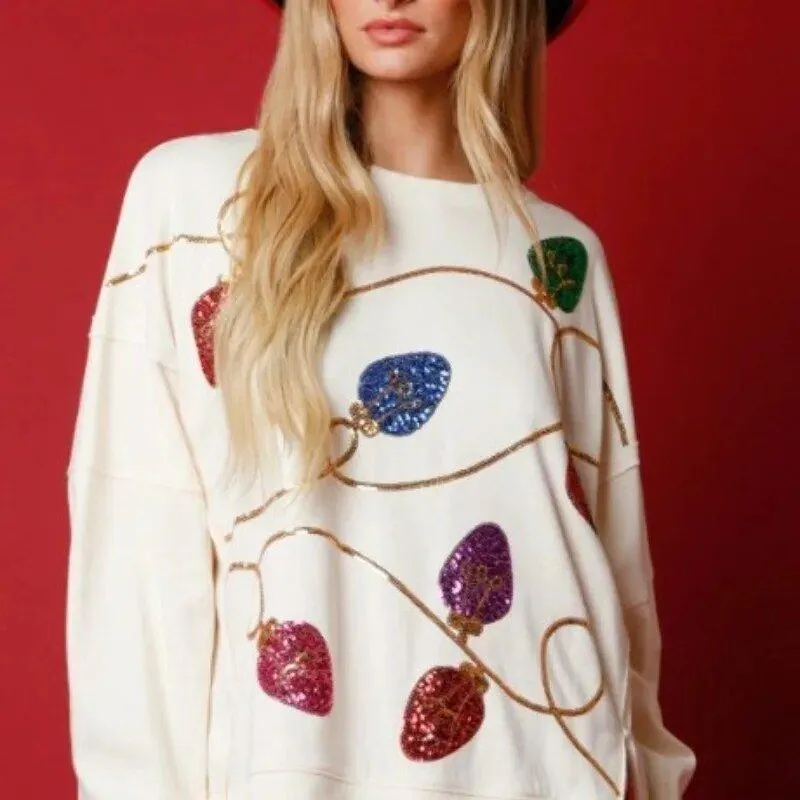 Chic Christmas Lights Sequins Oversized Sweatshirt