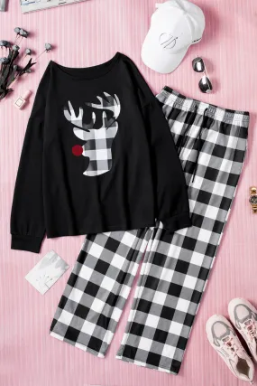 Christmas Plaid Reindeer Graphic Top and Pants Lounge Set