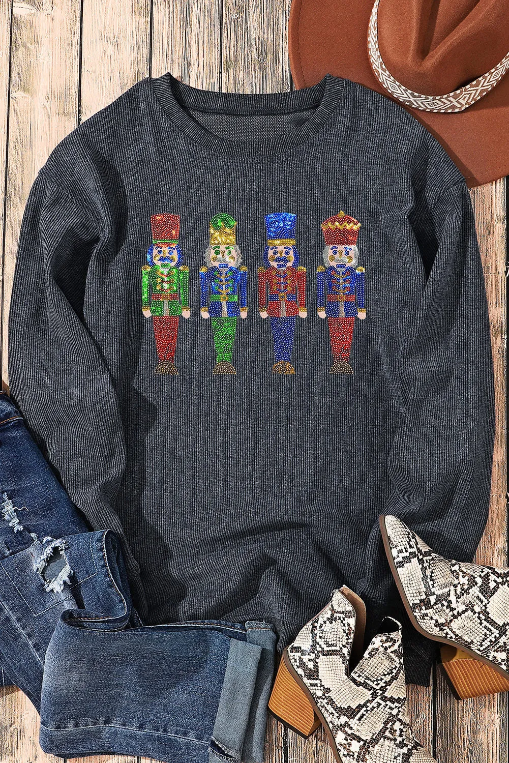 Christmas Sweater for Women Sequined Nutcracker Doll Corded Baggy Sweatshirt