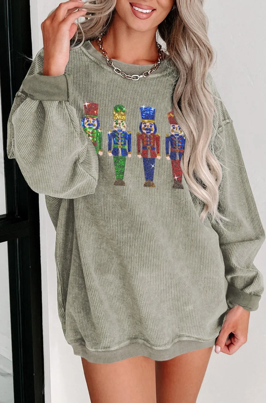 Christmas Sweater for Women Sequined Nutcracker Doll Corded Baggy Sweatshirt