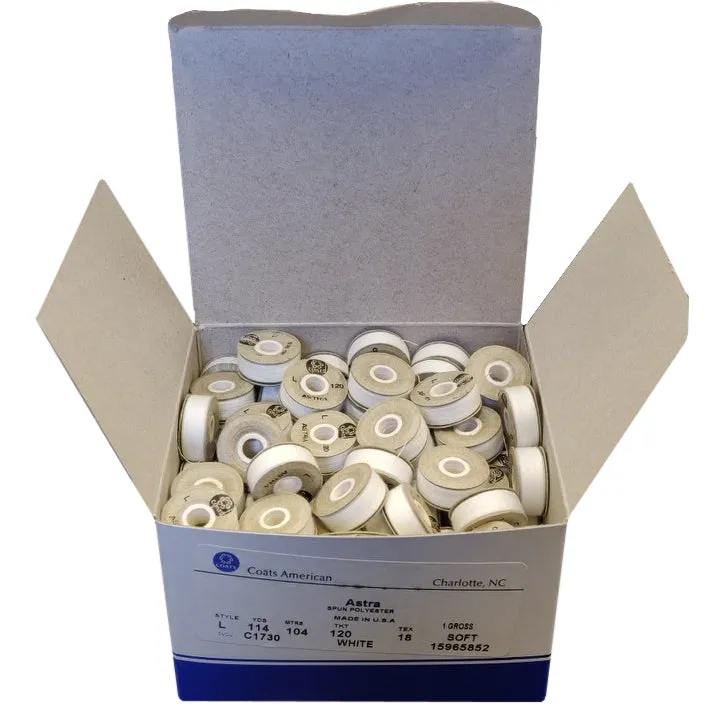 Coats Astra Spun Paper Sided Machine Embroidery Bobbins Size L - White (144 Bobbins)