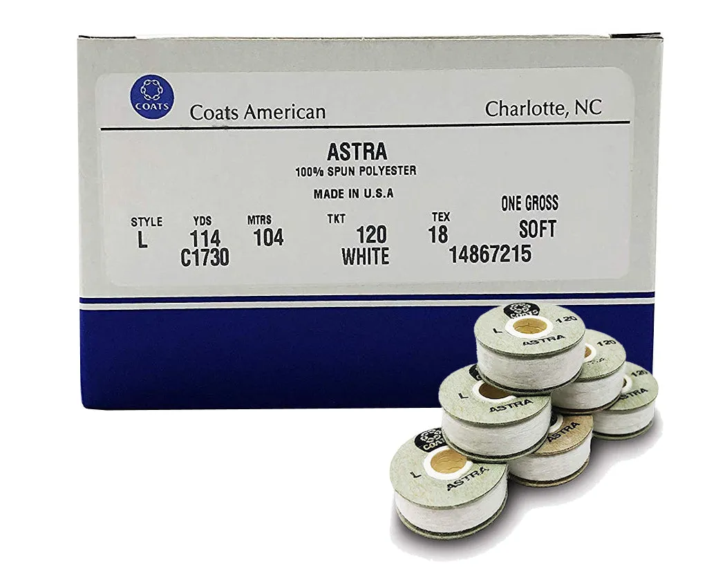 Coats Astra Spun Paper Sided Machine Embroidery Bobbins Size L - White (144 Bobbins)