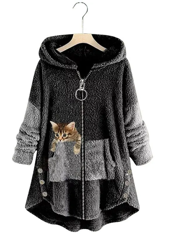 Coats Cute Hooded Zipper Cat Printed Coat for Women