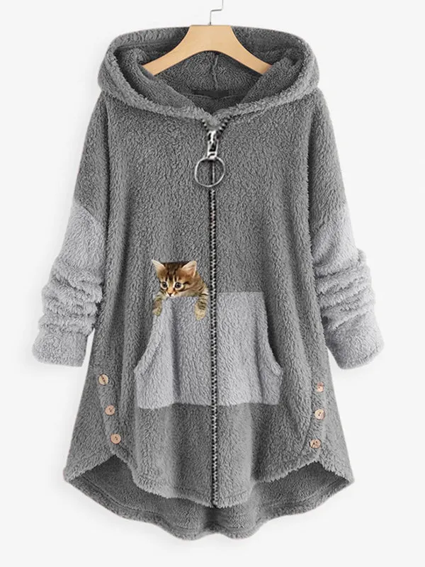 Coats Cute Hooded Zipper Cat Printed Coat for Women