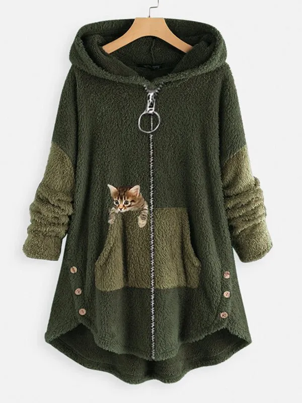 Coats Cute Hooded Zipper Cat Printed Coat for Women