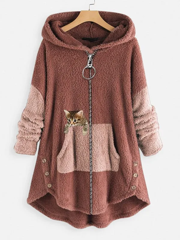 Coats Cute Hooded Zipper Cat Printed Coat for Women