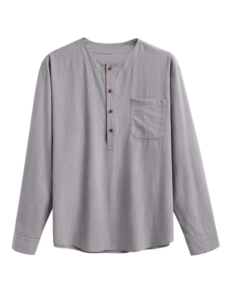 Cotton Linen Henley Shirt With Pocket